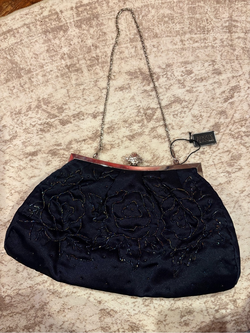 Bijoux Terner Navy Beaded Floral Evening Clutch with Chain NWT